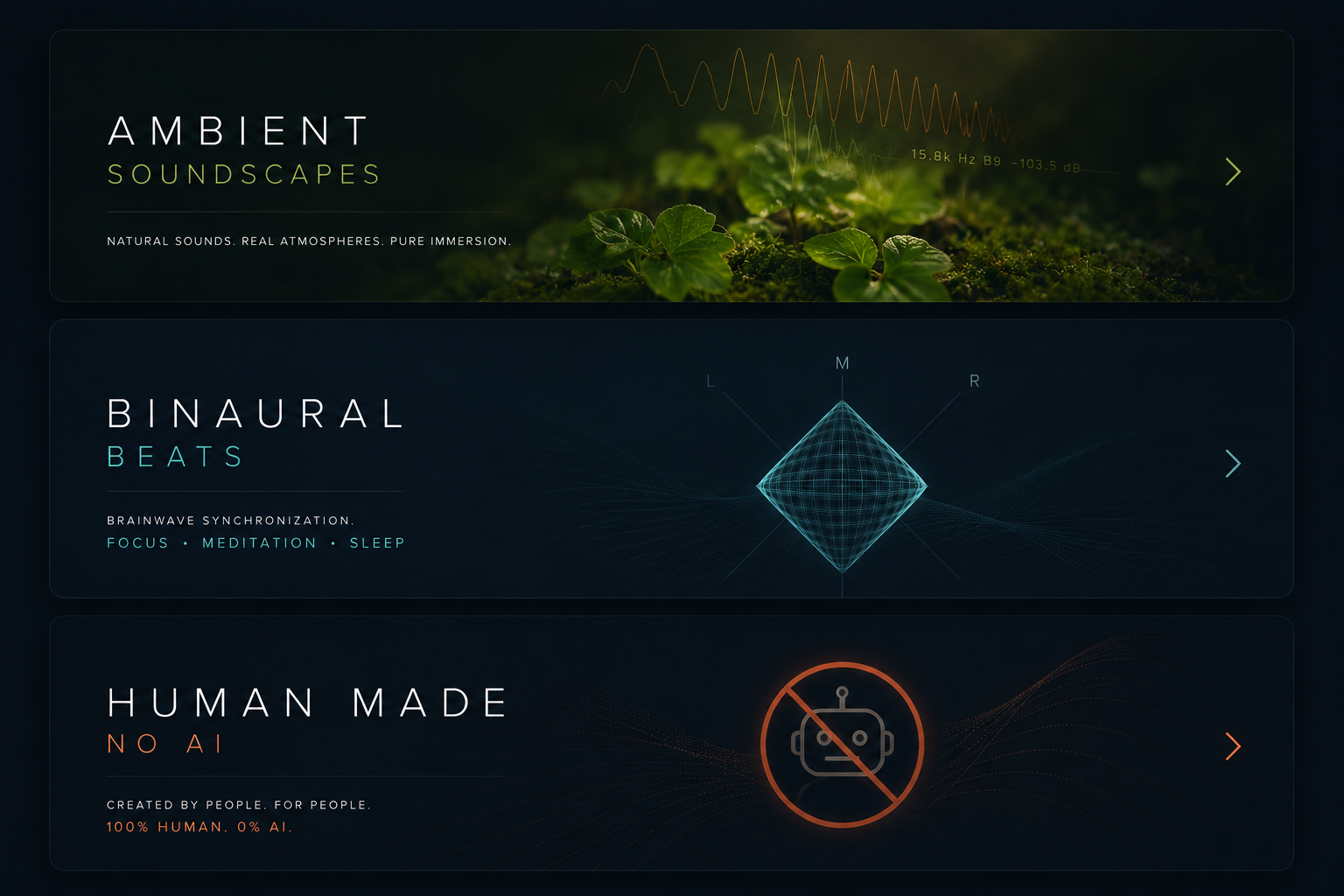 Ambient Soundscapes, Binaural Beats and Human Made No AI visual buttons for Selecting Frequencies.